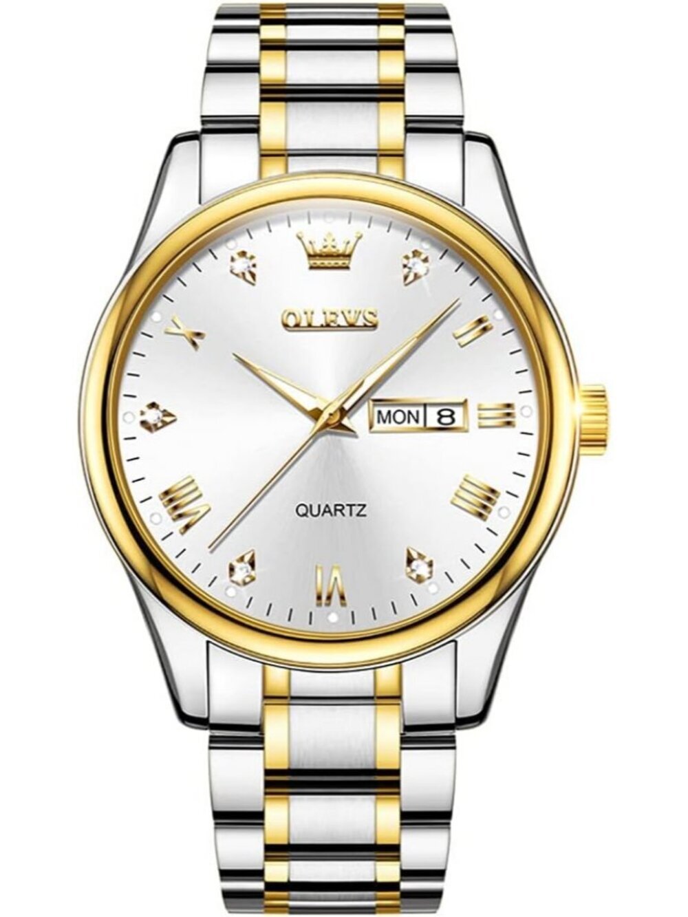 Olevs Men's Silver Gold Luxury Stainless Steel Big Analog Quartz Luminous Watch